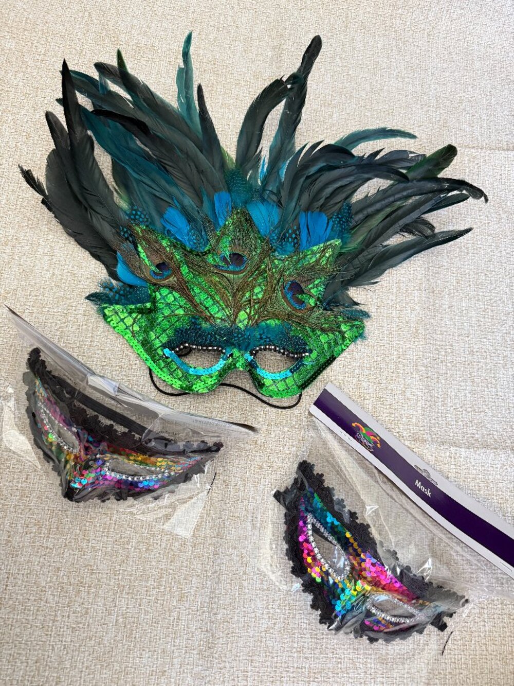 Masquerade Masks Lot of 3 Green Black Feather Venetian for Mardi Gras Party Hall